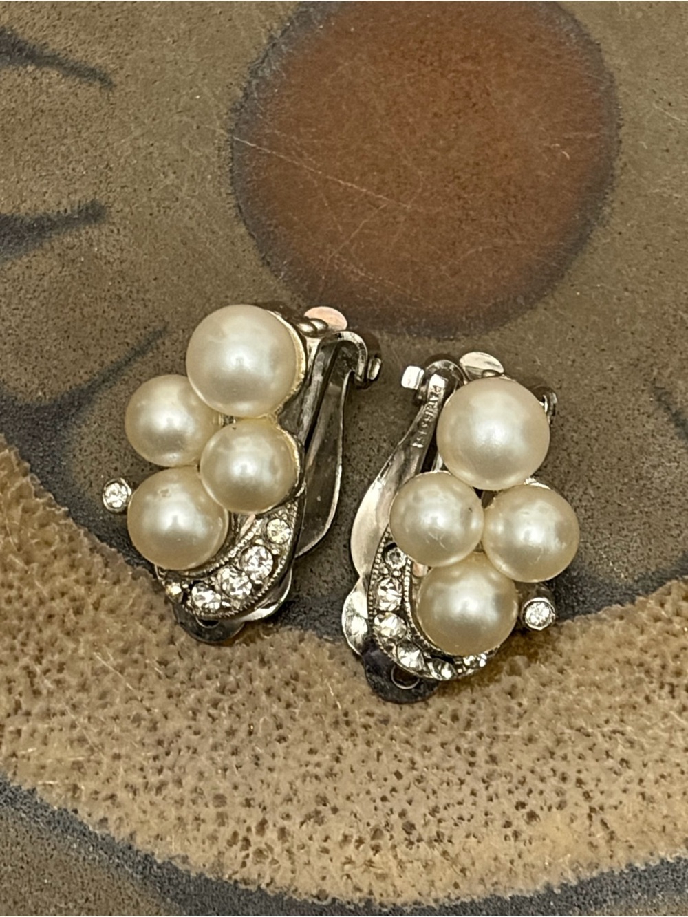 Pearl Cluster Clip-On Earrings in Silver Tone with Clear Crystals